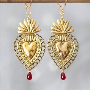 Vintage Style Sacred Heart Gold Drop Earrings